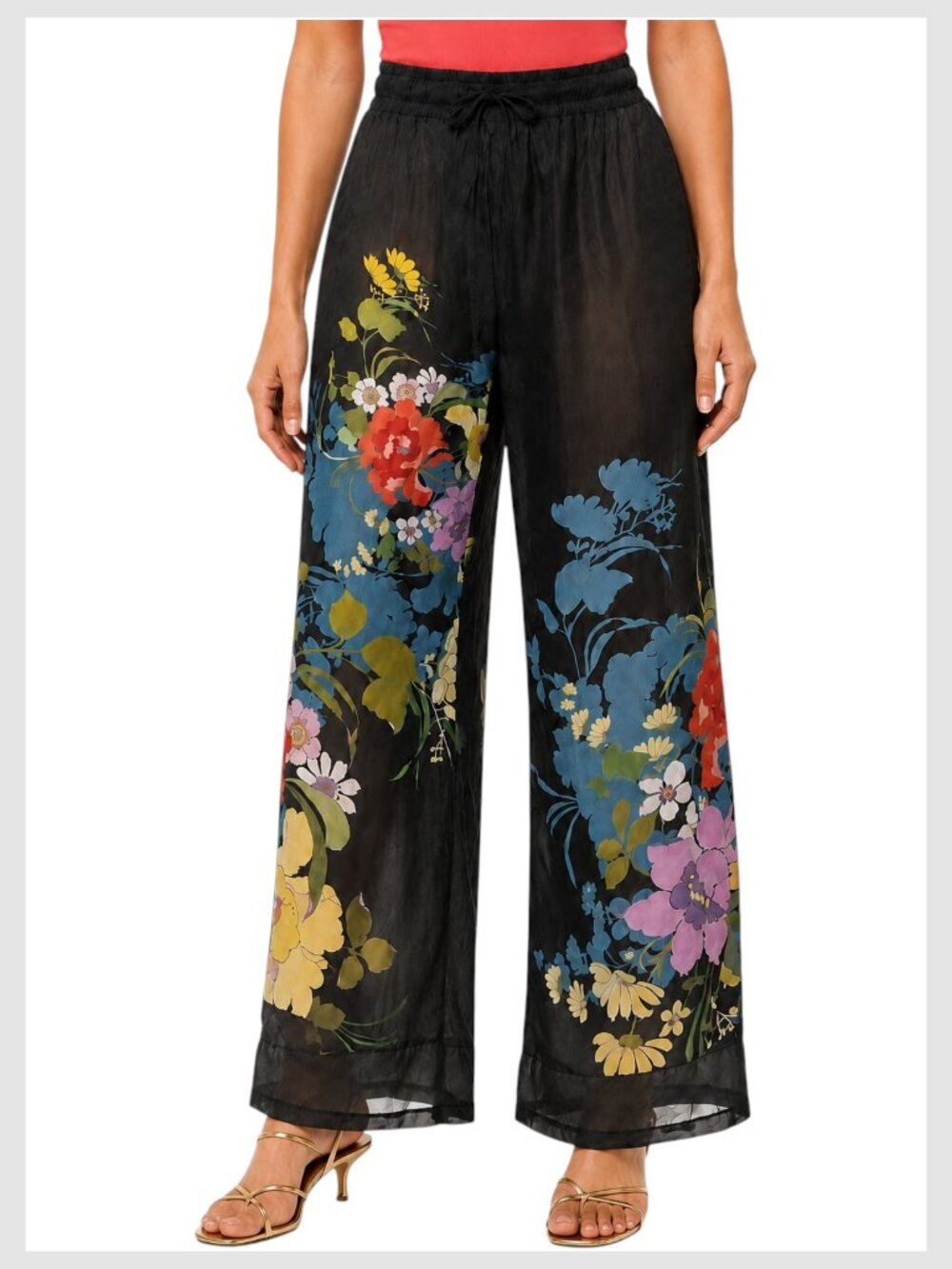 Johnny Was FUBU Pants Black Multicolor Floral Wide Leg Size S